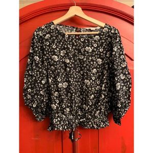 Vanilla Star Large Floral Balloon Sleeve Crop Blouse Shirt Black White Boho EUC